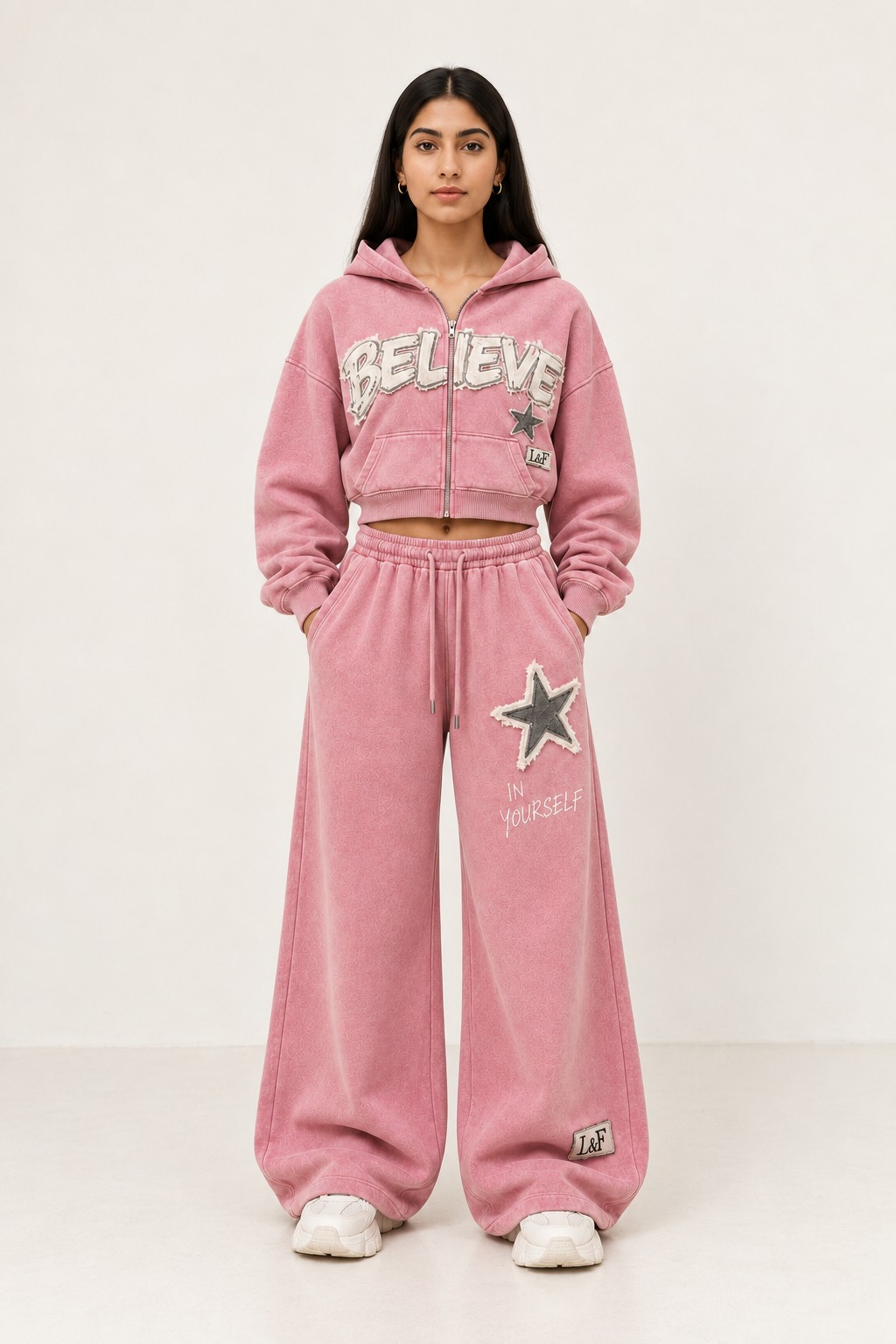 The Believe Set in Washed Rose, worn as the complete set